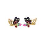 Fashion And Elegant Plated Gold Enamel Butterfly Flower Stud Earrings With Red Cubic Zirconia Golden - One Size