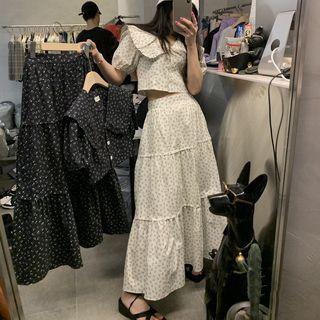Puff-sleeve Collar Floral Blouse / Maxi A-line Skirt