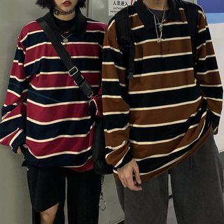 Couple-matching Long-sleeve Striped Polo Shirt
