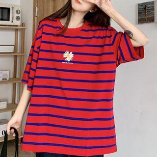 Elbow-sleeve Striped Flower Print T-shirt