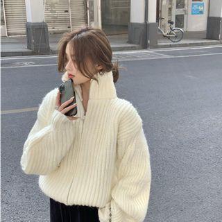 Turtle-neck Knit Zip Jacket White - One Size