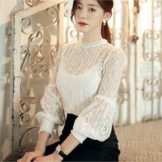 Mock-neck Smocked-cuff Lace Top