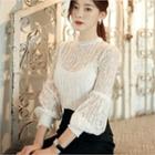 Mock-neck Smocked-cuff Lace Top