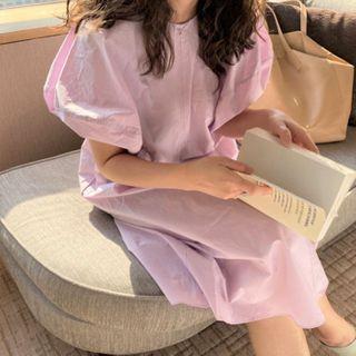 Puff-sleeve Midi Shift Dress Light Purple - One Size