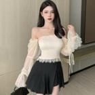 Long-sleeve Off-shoulder Shirred Lace Top / Pleated Mini A-line Skort