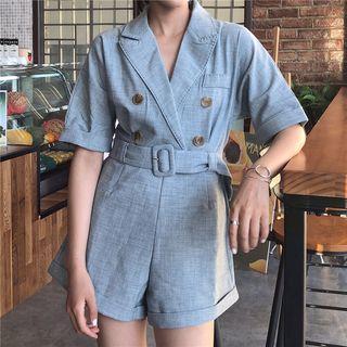 V-neck Short-sleeve Tie Waist Playsuit