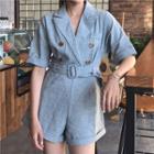 V-neck Short-sleeve Tie Waist Playsuit