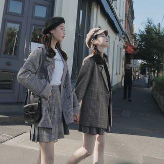 Set: Plaid Button Blazer + Mini Plaid Pleated Skirt
