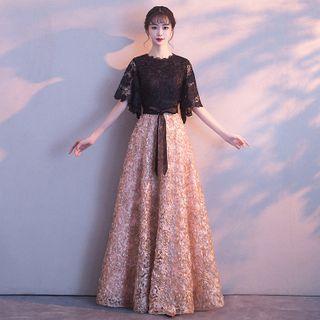 Elbow-sleeve Tie-front A-line Lace Evening Gown