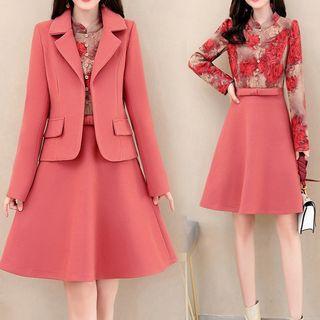 Set: Open-front Blazer + Long-sleeve A-line Dress