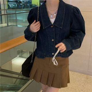 Puff Long-sleeve Lapel Loose Fit Denim Cropped Jacket Jacket - Blue - One Size