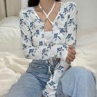 Set: Tube Top + Flower Print Lace Up Long-sleeve T-shirt