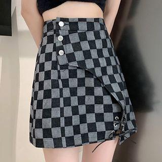 Checkered Lace Up Mini A-line Skirt