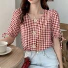 Puff-sleeve Square-neck Buttoned Plaid Top