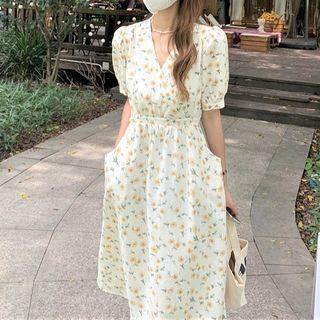 V-neck Flower Print A-line Dress