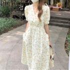 V-neck Flower Print A-line Dress