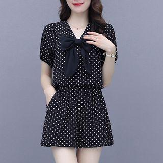 Set: Short-sleeve Dotted Bow Blouse + Shorts