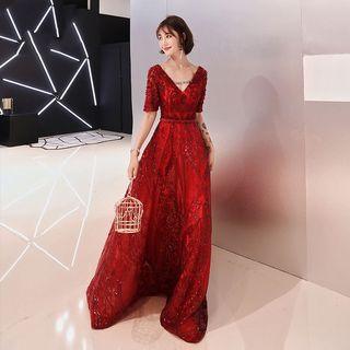 Short Sleeve V-neck Embroidered Sequined Evening Gown