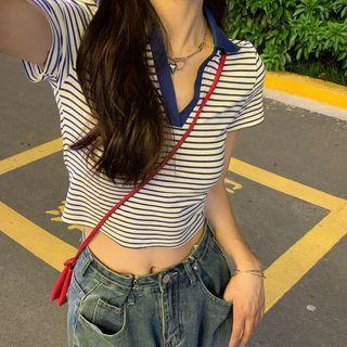 Short-sleeve Striped Polo Shirt Striped - Blue & White - One Size