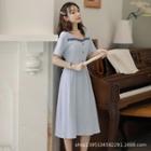 Elbow-sleeve Midi A-line Crinkle Dress