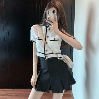 Contrast Trim Short-sleeve Cardigan / Pleated Mini A-line Skirt