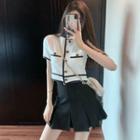 Contrast Trim Short-sleeve Cardigan / Pleated Mini A-line Skirt