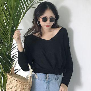 V-neck Long Sleeve Plain Knit Top