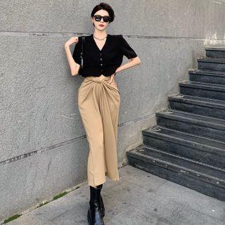 V-neck Short Sleeve Crop Blazer / High Waist Knotted Front Maxi Skirt