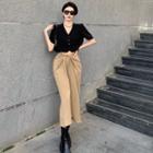 V-neck Short Sleeve Crop Blazer / High Waist Knotted Front Maxi Skirt