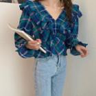 Plaid Ruffled Bell-sleeve Blouse Blue - One Size
