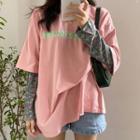 Short Sleeve Round Neck Lettering T-shirt / Long Sleeve Mock Neck Floral Print T-shirt