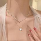 Heart Faux Pearl Pendant Layered Alloy Necklace Gold & White - One Size