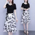 Set Of 2 - Plain Short-sleeve Top + Print A-line Maxi Skirt