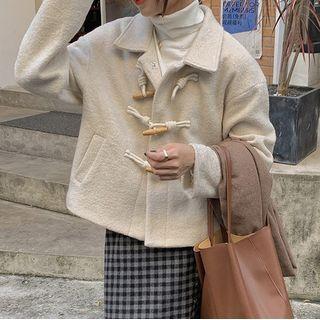 Long-sleeve Lapel Cropped Toggle-button Plain Woolen Jacket