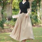 Set: Short-sleeve V-neck Crop Top + Midi A-line Skirt