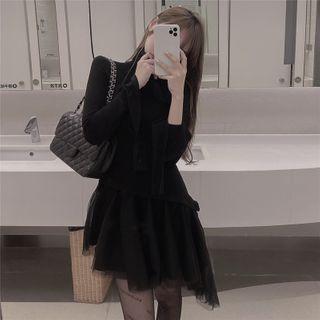 Asymmetric Mesh-hem Turtleneck Mini Dress