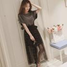 Set: Glitter Short-sleeve T-shirt Dress + Mesh Midi A-line Skirt