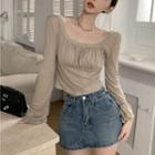 Long-sleeve Shirred Cropped T-shirt Taupe - One Size