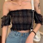 Ruched Plaid Off-shoulder Cropped Top