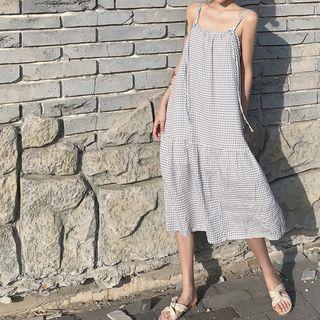 Check Spaghetti-strap Midi Dress Check - Blue - One Size