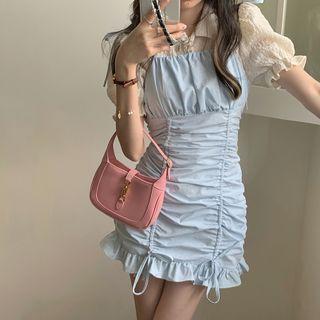 Puff-sleeve Blouse / Spaghetti-strap Ruched Mini Sheath Dress