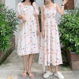 Puff-sleeve / Spaghetti Strap Print A-line Dress