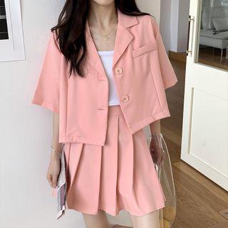 Set: Short-sleeve Plain Blazer + Pleated Skirt