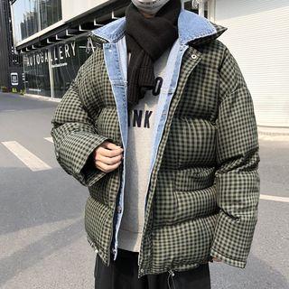 Mock Two Piece Denim Panel Plaid Padded Coat