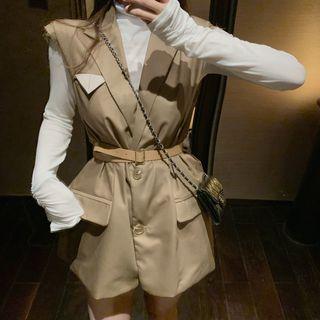 Long-sleeve Mock Neck Top / Lapel Collar Sleeveless Top