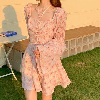 Floral Print Lace-up Chiffon Dress