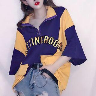 3/4-sleeve Zip-front Letter Applique T-shirt