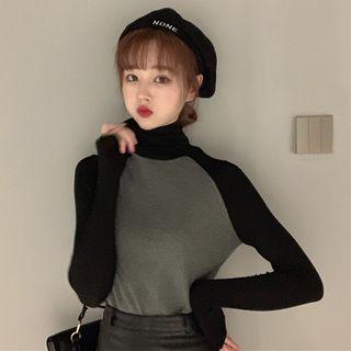 Turtleneck Raglan Long-sleeve T-shirt Gray & Black - One Size
