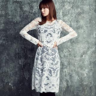 Drawstring Waist Sheer Lace Dress