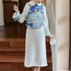 Long-sleeve Print Fluffy Trim Midi Qipao Dress / Embroidered Vest